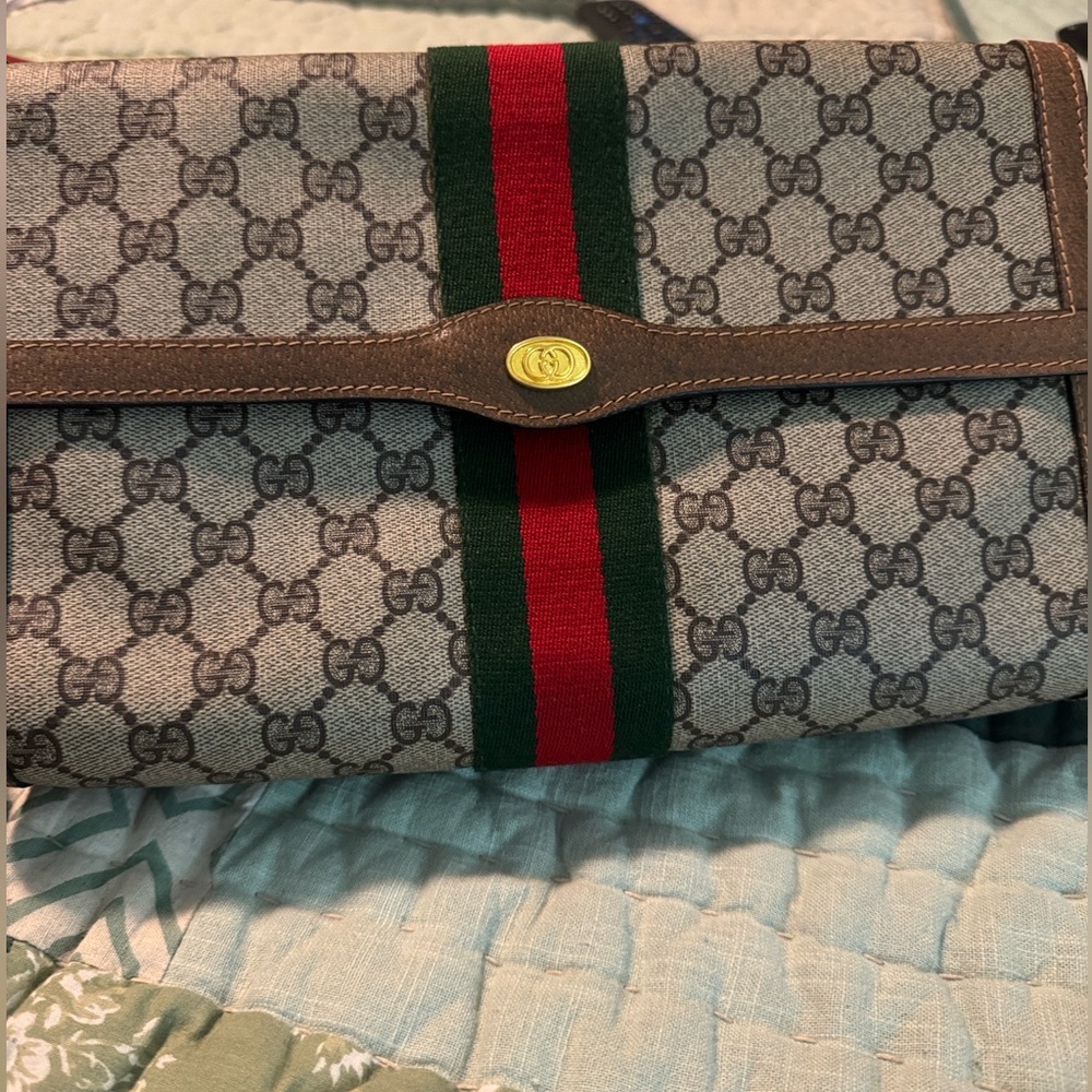 Gucci Beige GG Supreme Crossbody with Brown Trim and Green-Red Stripe